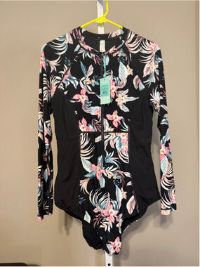 Women's Sea Level Swim Black Pink Floral Long Sleeve One Piece Swimsuit 14